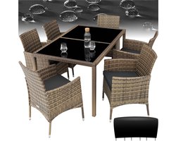 tectake® Wicker Tuinset Porto - Voor 6 Personen - Balkonmeubel - Tuinmeubelset met Tafel en 6 Stoelen - Zitgroep voor Tuin, Terras en Balkon - Inclusief Kussens en Beschermhoes - Natuurkleur - Wicker Set
