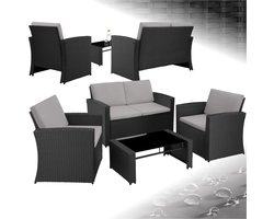 tectake® Wicker Tuinset voor 4 Personen - 2-zits Tuinbank en 2 Tuinstoelen - Tafel met Afneembaar Glazen Blad - Comfortabele Zit- en Rugkussens - Loungeset voor Tuin, Terras, Balkon - Zwart