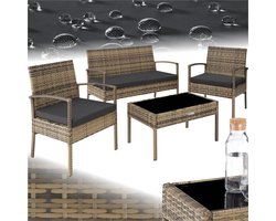 tectake® - Wicker tuinset - Weerbestendig - Tuinset met 2 Fauteuils, 1 Tuinbank, 1 Tafel - Outdoor Loungemeubelset voor Tuin, Terras en Balkon - Naturel