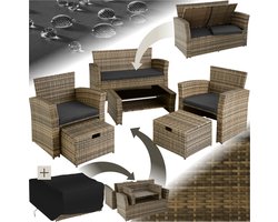 tectake® Wicker Tuinzitgroep voor 4 Personen met Kruk - Poly Rattan Tuinmeubelset met Ingebouwde Opbergbox in de Bank - Natuurkleur - Inclusief Beschermhoes