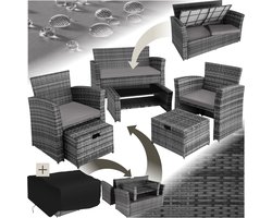 tectake® - wicker tuinzitgroep voor 4 personen met kruk, poly rotan tuinmeubelset met ingebouwde opbergbox in de bank - grijs - incl. beschermhoes