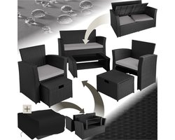 tectake® - wicker tuinzitgroep voor 4 personen met kruk, poly rotan tuinmeubelset met ingebouwde opbergbox in de bank - zwart/grijs - incl. beschermhoes