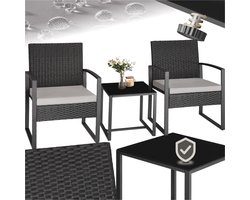 tectake® - wicker zitgroep 2x fauteuils met tafel, balkonmeubelset, tuinmeubelen, balkonmeubilair, kleine lounge, gestoffeerde stoelen inclusief buitentuintafel, weerbestendig - zwart - poly-rattan