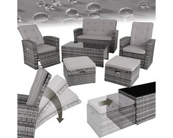 tectake® Wicker zitgroep - Balkonlounge voor 6 personen - 2 fauteuils, 2 krukken, 1 bank en 1 tafel met glazen blad - Tuinmeubelset - Balkonmeubel - Weerbestendig loungemeubel - Afmeting bank (LxBxH) 127 x 69 x 86 cm - Grijs