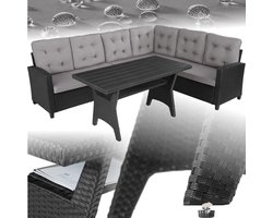 tectake® Wicker zitgroep tuinbank - Loungeset met bank en eettafel - Hoekbank - Buitenlounge - Zithoek - Weerbestendig - Tuin, balkon, wintertuin, terras - Zithoogte 41 cm - Zwart