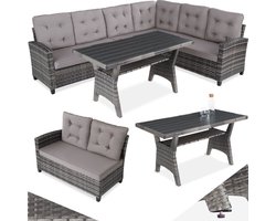 tectake® Wicker zitgroep tuinbank - Loungeset met bank en eettafel - Hoekbank - Buitenlounge - Zithoek - Weerbestendig - Tuin, balkon, wintertuin, terras - Zithoogte 41 cm - Grijs