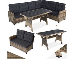 tectake® Wicker zitgroep tuinbank - Loungeset met bank en eettafel - Hoekbank - Buitenlounge - Zithoek - Weerbestendig - Tuin, balkon, wintertuin, terras - Zithoogte 41 cm - Beige