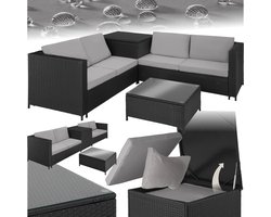 tectake® Wicker zitgroep - Tuinmeubelset - 2 banken met extra dikke kussens - Tafel met glazen blad - Tuinmeubelen voor terras - Tuin - Balkon - Buitenmeubels - Inclusief opbergbox - Maximale belasting bank 200 kg en tafel 45 kg - Zwart