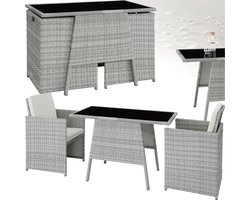 tectake® - wicker zitgroep voor 2 personen, ruimtebesparend buitenmeubilair, 2 fauteuils en 1 tafel, ideale balkonloungeset, tuinmeubelen, terrasmeubilair weerbestendig - lichtgrijs - poly-rattan
