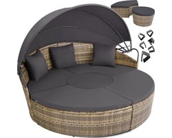 tectake® Wicker Zonne-eiland Santorini - Loungebed voor 2 Personen - Multifunctioneel Rond Ligbed met Zonnescherm - Vrij in te delen Tuin Ligstoel met Luifel - UV- en Weerbestendige Tuinset - Loungeset Inclusief Kussens - Bruin/Zwart