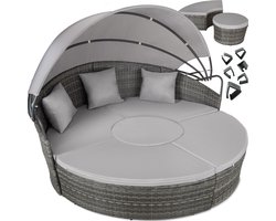 tectake® Wicker Zonne-eiland Santorini - Loungebed voor 2 Personen - Multifunctioneel Rond Ligbed met Zonnescherm - Vrij in te delen Tuin Ligstoel met Luifel - UV- en Weerbestendige Tuinset - Loungeset Inclusief Kussens - Grijs