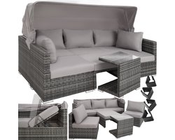 tectake® - Wicker zonneeiland zitgroep, loungemeubelset inclusief bank met zonnekap, kruk, fauteuils en tafel, tuinmeubilair, loungemeubel balkon en tuin, terrasmeubilair, weerbestendig - grijs