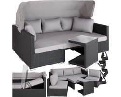 tectake® - Wicker zonneeiland zitgroep, loungemeubelset inclusief bank met zonnekap, kruk, fauteuils en tafel, tuinmeubilair, loungemeubel balkon en tuin, terrasmeubilair, weerbestendig - grijs