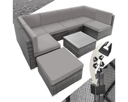 tectake® XXL Wicker Loungeset - Tuinmeubelset - Zitgroep - Balkonmeubel met 6 zitplaatsen - Tuintafel- Tuinstoelen inclusief Kussens - Weerbestendig - Voor Tuin, Balkon en Terras - Grijs