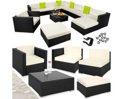 tectake® - XXL wicker tuinmeubelset weerbestendig, buitenbalkonmeubel met kussens, aluminium tuinloungeset met bank, zithoek en tafel voor tuin, terras en balkon - zwart - poly-rattan