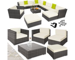 tectake® - XXL wicker tuinmeubelset weerbestendig, buitenbalkonmeubel met kussens, aluminium tuinloungeset met bank, zithoek en tafel voor tuin, terras en balkon - grijs - poly-rattan