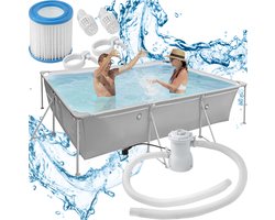 tectake® Zwembad - Groot rechthoekig framezwembad - Tuinzwembad - Stalen frame - Zwembad complete set - Inclusief filterpomp - Buiten zwembad voor in de tuin - Bovengronds - Afmeting (LxBxH) 300 x 207 x 70 cm - Grijs