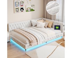 Teddy Bed 140x200 cm, Met LED Verlichting & USB/Type-C Oplaadpunten, Beige, Zachte Teddy Fleece (Lamswol-Look)