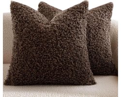Teddy Fleece Kussenhoezen - Pluche Sierkussens - Woonkamer Decoratie - Zacht Lambswol Look - 55x55cm Set van 2 - Chocoladebruin