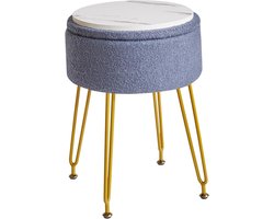Teddy fluwelen opslag voetensteun kruk Ottoman, make-up ijdelheid kruk bijzettafel met afneembare afdekking, gouden stalen poten, salontafel top cover, grijs blauw
