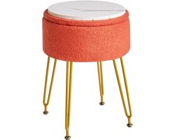 Teddy fluwelen opslag voetensteun kruk Ottoman, make-up ijdelheid kruk bijzettafel met afneembare afdekking, gouden stalen poten, salontafel top cover, oranje