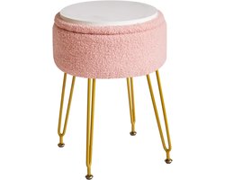 Teddy fluwelen opslag voetensteun kruk Ottoman, make-up ijdelheid kruk bijzettafel met afneembare afdekking, gouden stalen poten, salontafel top cover, roze