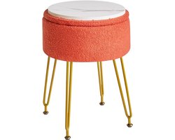 Teddy fluwelen opslag voetensteun kruk Ottoman, make-up ijdelheid kruk bijzettafel met afneembare afdekking, gouden stalen poten, salontafel top cover, oranje