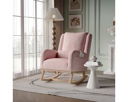 Teddy fluwelen schommelstoel, schommelstoel voor de borstvoeding, stoel met vierkante rugleuning en armleuningen, kussen met hoge veerkracht van 19 cm, schommelstoel voor in de woonkamer, roze