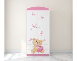 Teddy in Love Kinderkledingkast met 2 Deuren, Lades, Kleerhangers & Planken – 88x55x187 cm – 18mm Gelamineerde Kinderkamer Kast – Roze Kinderkast met Dierlijke Teddy Motieven – Premium Kledingopberger voor Kinderkamer - House & Garden
