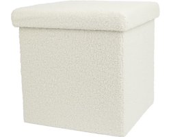 Teddy Opvouwbare Opbergpoef - poef met opbergruimte – 38 x 38 x 38 cm – Teddy Wit– Poef – Kubus – Opberg box inklapbaar
