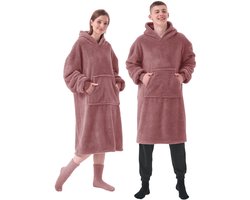 TEDDY - oversized hoodie deken volwassene - 60x90 cm - snuggle hoodie met sherpa voering - dames & heren - fleece deken met mouwen en capuchon - roze
