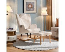 Teddy Schommelstoel met Voetenbank en Hoofdkussen Witte Relaxstoel met Zijvak voor Woonkamer of Slaapkamer