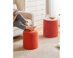 Teddy Velvet Make-up Krukken – Set van 2 Ronde Voetenbankkrukken met Opbergruimte, Gevoerde Multifunctionele Kruk voor Woonkamer en Slaapkamer, Modern Oranje