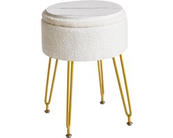 Teddy Velvet Voetsteun Kruk met Opbergvak en Afneembare Cover, Gouden Stalen Poten, Wit