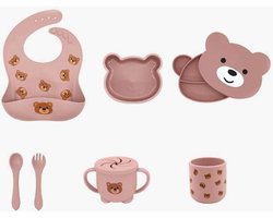 Teddybeer Baby Eetset 7-delig -ROZE – Veilig & BPA-vrij – Siliconen, Anti-slip & Onbreekbaar – Kom, Borden, Bekers, Lepel, Vork, Slabbetje – Perfect Kraamcadeau