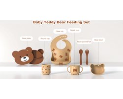 Teddybeer Baby Eetset BRUIN 7-delig – Veilig & BPA-vrij – Siliconen, Anti-slip & Onbreekbaar – Kom, Borden, Bekers, Lepel, Vork, Slabbetje – Perfect Kraamcadeau