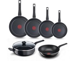 Tefal Easy Cook & Clean Pannenset - Koekenpannen 20/24/28/32cm + Wokpan 28cm + Hapjespan 28cm - Niet geschikt voor Inductie - Anti-aanbaklaag - Aluminium - Zwart