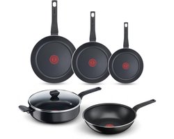 Tefal Easy Cook & Clean Pannenset - Koekenpannen 20/24/28cm + Wokpan 28cm + Hapjespan 28cm - Niet geschikt voor Inductie - Anti-aanbaklaag - Aluminium - Zwart