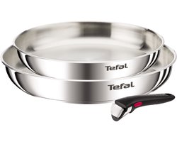 Tefal Ingenio Emotion L8969345 – 3-delige pannenset – Inox braadpannen 24/28 cm – Afneembare handgreep – Stapelbaar – Inductiegeschikt – Ovenbestendig – Zonder coating