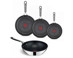 Tefal Jamie Oliver Kitchen Essentials Pannenset - Koekenpannen Ø20/24/28cm + Wokpan Ø28cm - Tefal Pannen RVS - Siliconen Handgreep - Inductie