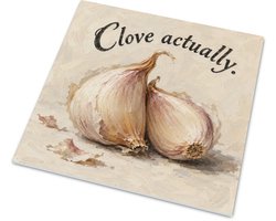Tegeltje Clove Actually Knoflook Mat Wandtegeltje met Romantische Knoflooktenen en Engelse Woordgrap Grappig Keuken Cadeau voor Thuiskok en Foodie Gouache Illustratie Wit en Houtskool 15x15 cm mat