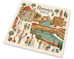 Tegeltje Florence Italië met Duomo, Ponte Vecchio en Palazzo Vecchio Romantische Retro Mid-Century Gouache Illustratie Stedentrip Matte Wanddecoratie Inclusief Ophanghaakje