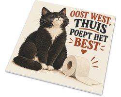 Tegeltje Kat met Tekst Oost West Thuis Poept Het Best Mat Wandtegeltje Grappig voor Toilet en Badkamer Humor Spreuktegel met Zwart-Witte Kat en Toiletrol Cadeau voor Kattenliefhebber 15x15 cm mat