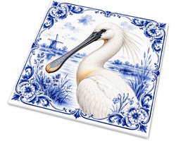 Tegeltje - Lepelaar (Platalea leucorodia) - Aquarel Kunst met Hollands Landschap en Windmolen - Delft Blue Series - Wanddecoratie Cadeau voor Dierliefhebber en Vogelspotter - Traditioneel Blauw Wit Sfeervol Handgetekend Woona