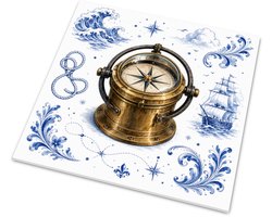 Tegeltje Maritiem Antiek Scheepskompas - Delfts Blauw met Messing Accent - Nautische Wanddecoratie Navigatie - Uniek Cadeau Zeiler en Reiziger - 15x15 cm