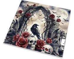 Tegeltje met glans Raaf Kraai Doodshoofden Ruïne Klimrozen Gothic Wanddecoratie - Aquarel Series Mysterie - Cadeau voor haar: Vrouw, Vriendin & Collega - Woonaccessoire Schedel Vleermuis Fantasy Muurdecoratie Huis Inrichting