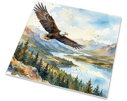 Tegeltje met glans Vliegende Zeearend over Bergen en Rivier Vogels Natuur Wanddecoratie - Aquarel Series Landschap - Cadeau voor haar: Vrouw, Vriendin & Collega - Woonaccessoire Roofvogel Wildernis Muurdecoratie Slaapkamer
