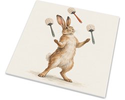 Tegeltje met Jonglerende Haas en Toiletborstels Mat Wandtegeltje Grappig Dier voor WC en Badkamer Vintage Aquarel Illustratie Konijn Humoristisch Cadeau voor Toilet Wanddecoratie met Hanger 15x15 cm mat