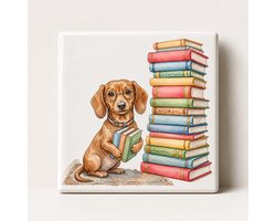Tegeltje met teckel - Bij een stapel boeken