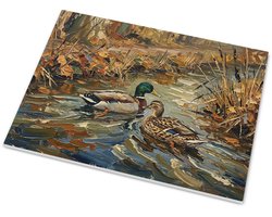 Tegeltje met wilde eenden in herfstbos Impressionistisch olieverfschilderij van eendenkoppel in bosbeek Warme landelijke wanddecoratie 15x20 cm